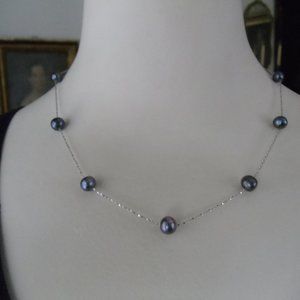 Cultured Black Pearl & Sterling Station Necklace